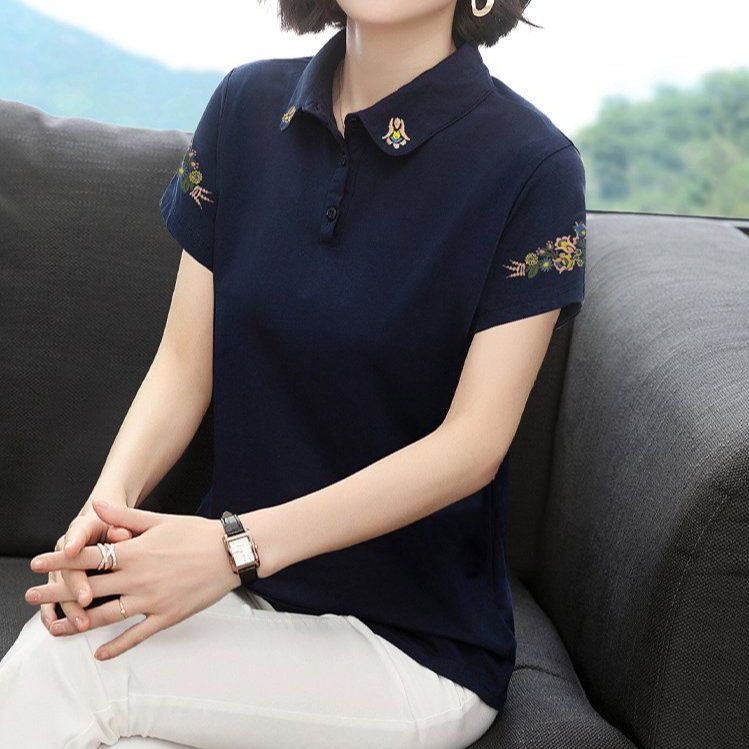 봄 여름 여성 루즈핏 빅사이즈 캐릭터 자수 반팔 티셔츠 폴로 데일리룩 카라 면 플라워 상의 - 상품 이미지