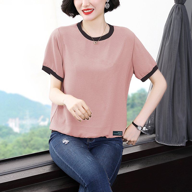 봄 여름 여성 루즈핏 빅사이즈 배색 반팔 티셔츠 데일리룩 라운드넥 면 혼방 시보리 링클 상의 - 상세 이미지 3
