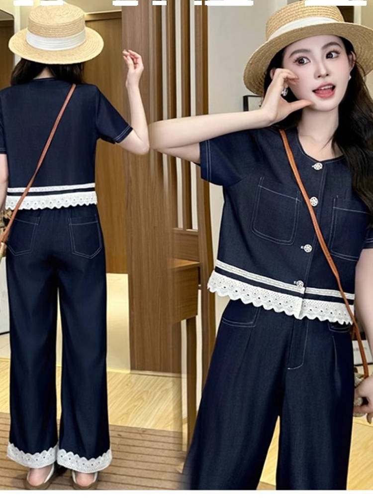 레이스포인트라운드넥크롭데님자켓 와이드팬츠 세트 투피스 여름 캐주얼 오피스룩 하객룩 스타일 - 상세 이미지 5