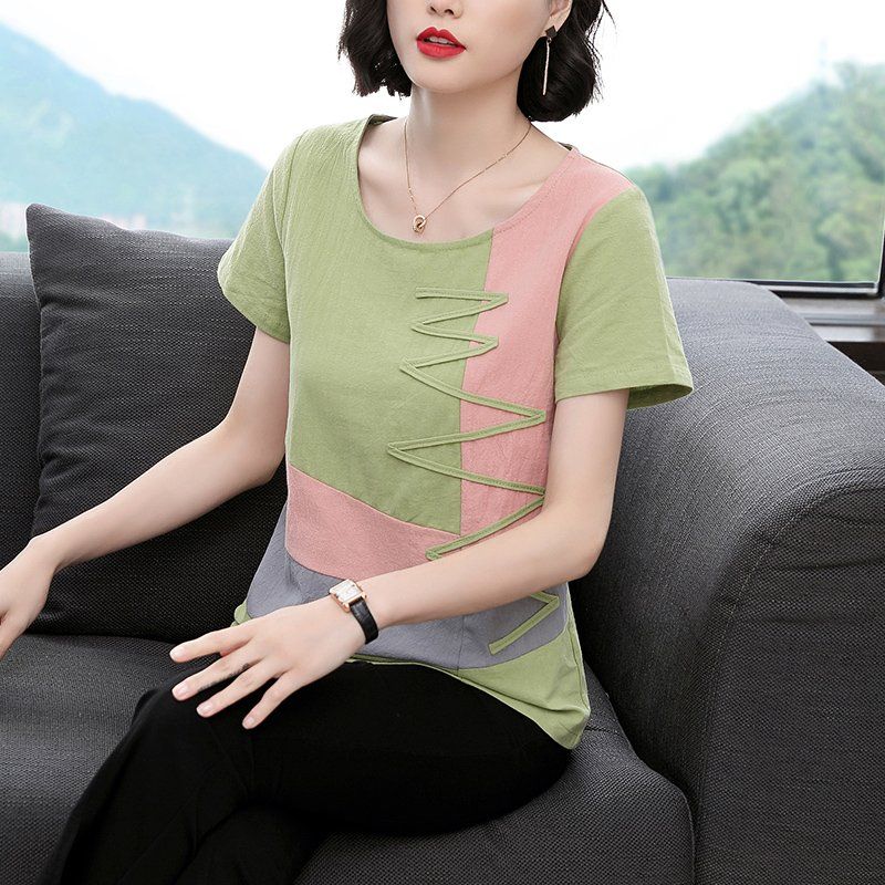 봄 여름 여성 루즈핏 빅사이즈 컬러 블록 반팔 티셔츠 데일리룩 라운드넥 면 사선 스트링 배색 상의 - 상세 이미지 3