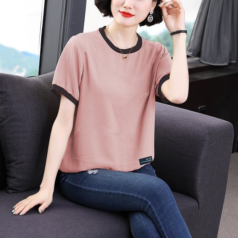 봄 여름 여성 루즈핏 빅사이즈 배색 반팔 티셔츠 데일리룩 라운드넥 면 혼방 시보리 링클 상의 - 상세 이미지 2