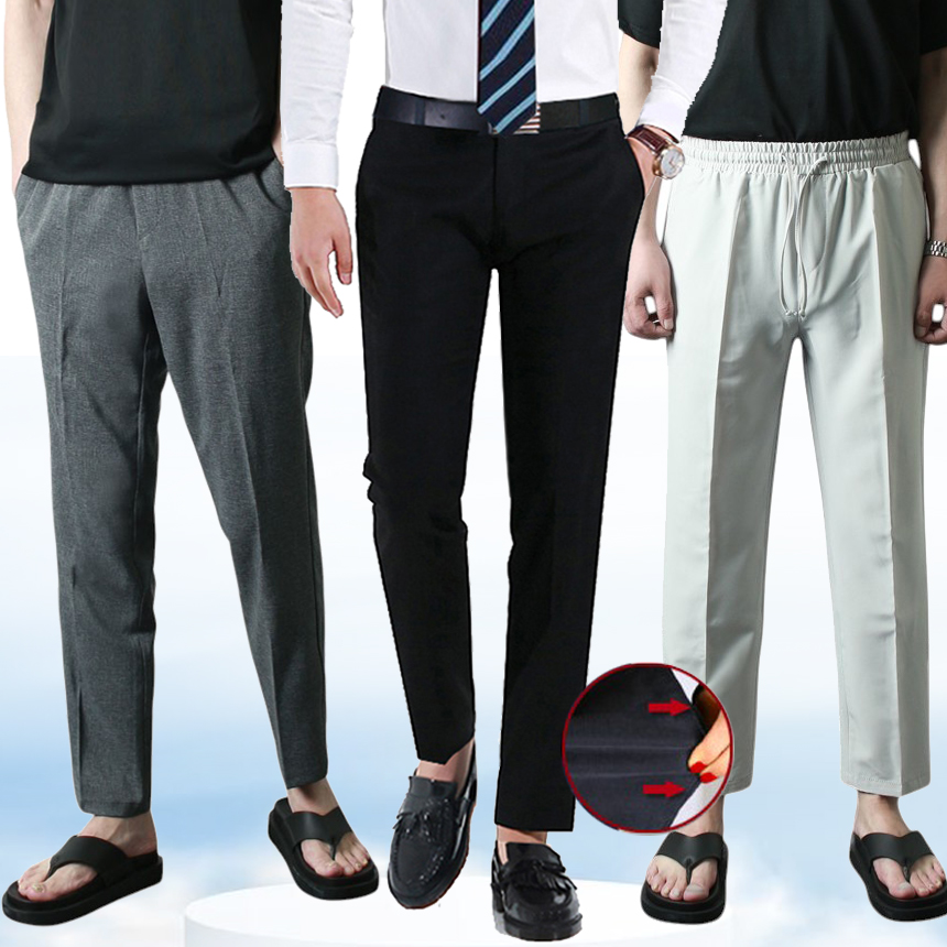 남자 슬랙스 정장바지 남성 여름 스판 와이드 빅사이즈 쿨 밴딩 9부 기지 하객룩 가을