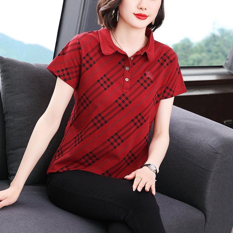 봄 여름 여성 슬림핏 빅사이즈 체크 패턴 반팔 티셔츠 폴로 데일리룩 카라 면 버튼 로고 자수 상의 - 상품 이미지