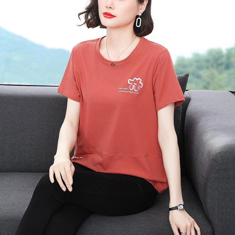 봄 여름 여성 루즈핏 빅사이즈 플라워 시퀸 반팔 티셔츠 데일리룩 라운드넥 면 레터링 자수 상의 - 상세 이미지 2