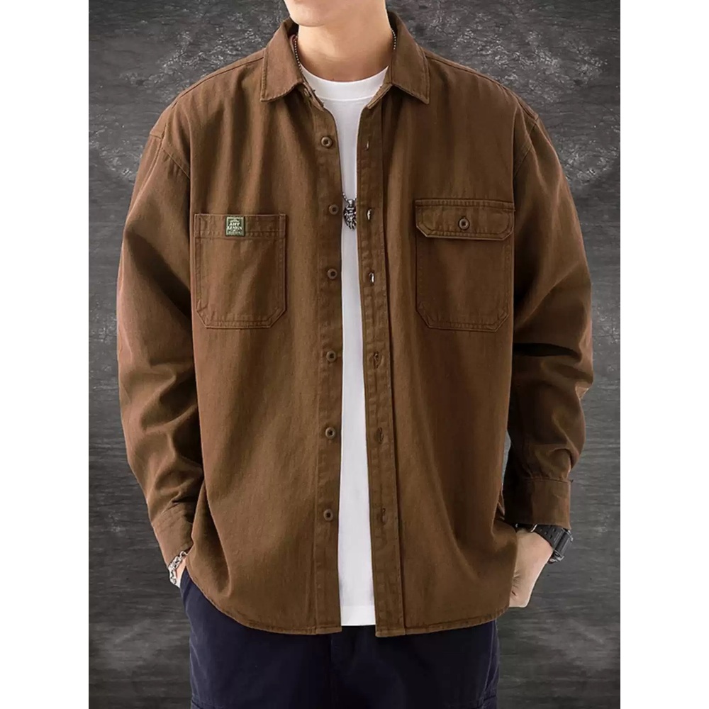 남성 봄 가을 캐주얼 순면 긴팔 셔츠 남성 재킷 회색 M (50-60KG) - 상세 이미지 5