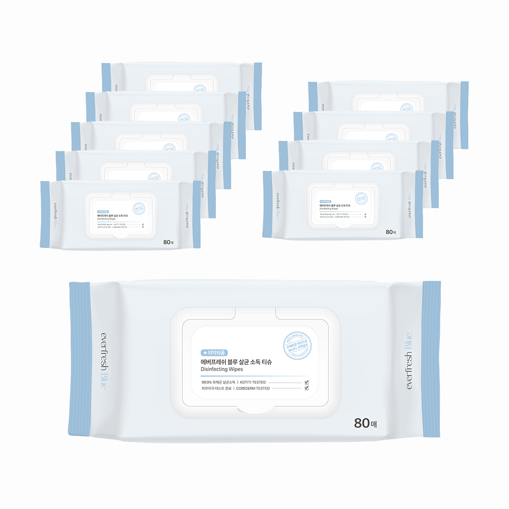 에버프레쉬 블루 살균 소독티슈 손소독 세정 항균 물티슈 80매, 10팩