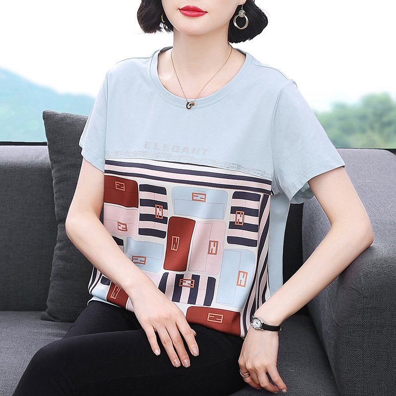 봄 여름 여성 루즈핏 빅사이즈 패턴 프린팅 반팔 티셔츠 데일리룩 라운드넥 면 혼방 핫픽스 상의 - 상품 이미지