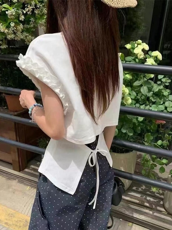 캡소매 프릴포인트 사선블라우스 뒷부분리본포인트 힙합 예쁜 디자인 데이트 봄여름 3컬러 - 상세 이미지 5