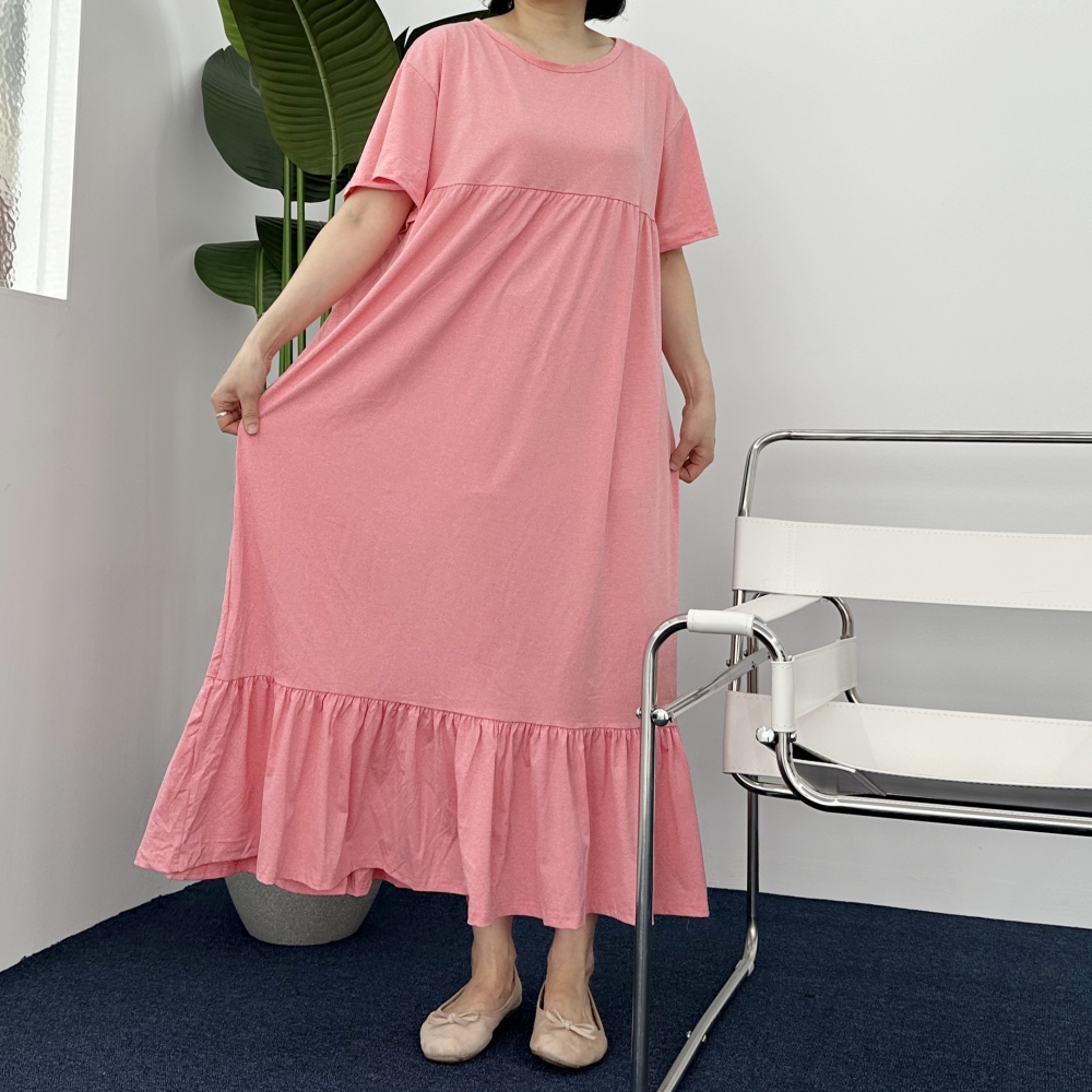 빅사이즈 여름 시원한 면 프릴 롱 원피스 소매 라운드넥 레이어드 맥시 원피스 원마일웨어