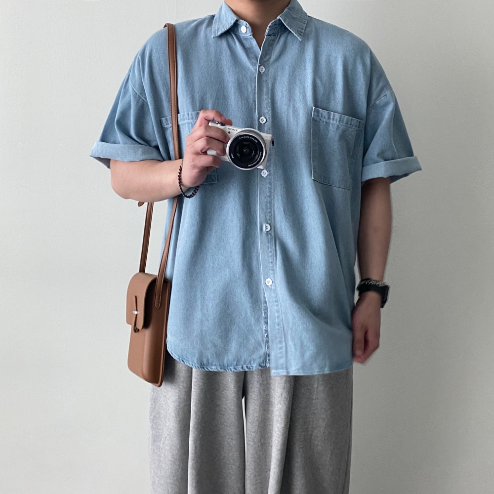 남자반팔청남방 오버핏 남자데님반팔셔츠 - 상세 이미지 3