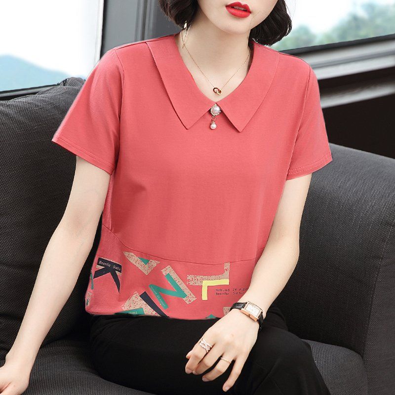 봄 여름 여성 루즈핏 빅사이즈 패턴 프린팅 반팔 티셔츠 데일리룩 카라 면 혼방 장식 포켓 상의 - 상세 이미지 4
