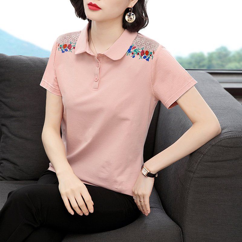 봄 여름 여성 루즈핏 빅사이즈 플라워 자수 반팔 티셔츠 폴로 데일리룩 카라 면 레이스 배색 상의 - 상세 이미지 2