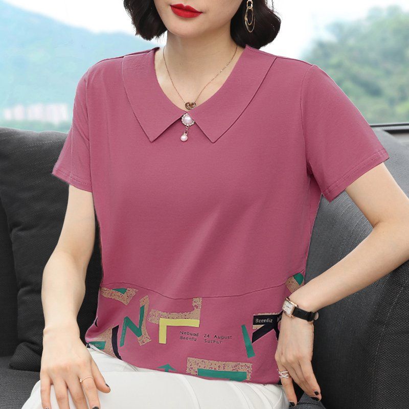 봄 여름 여성 루즈핏 빅사이즈 패턴 프린팅 반팔 티셔츠 데일리룩 카라 면 혼방 장식 포켓 상의 - 메인 이미지