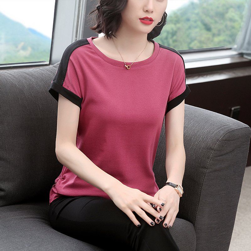 봄 여름 여성 루즈핏 빅사이즈 배색 반팔 티셔츠 데일리룩 라운드넥 면 혼방 래글런 셔링 상의 - 상세 이미지 4