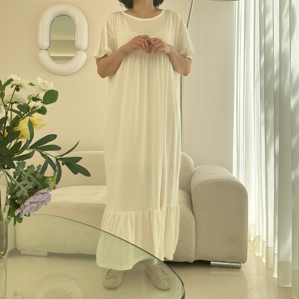 빅사이즈 여름 시원한 면 프릴 롱 원피스 소매 라운드넥 레이어드 맥시 원피스 원마일웨어