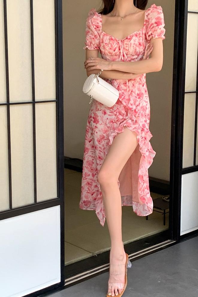여름 플라워 시폰 원피스 프릴 슬릿 휴양지룩 비치룩 데이트룩 핑크 S 이미지 6