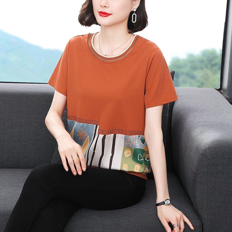 봄 여름 여성 루즈핏 빅사이즈 패턴 프린팅 반팔 티셔츠 데일리룩 라운드넥 레이온 혼방 핫픽스 상의 - 메인 이미지