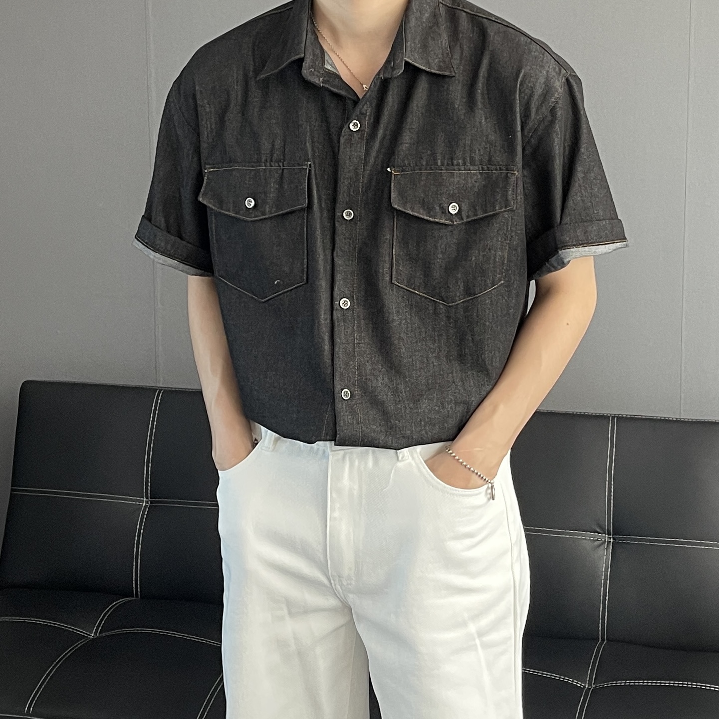 남자데님셔츠 남자반팔청남방 흑청셔츠 - 상세 이미지 3