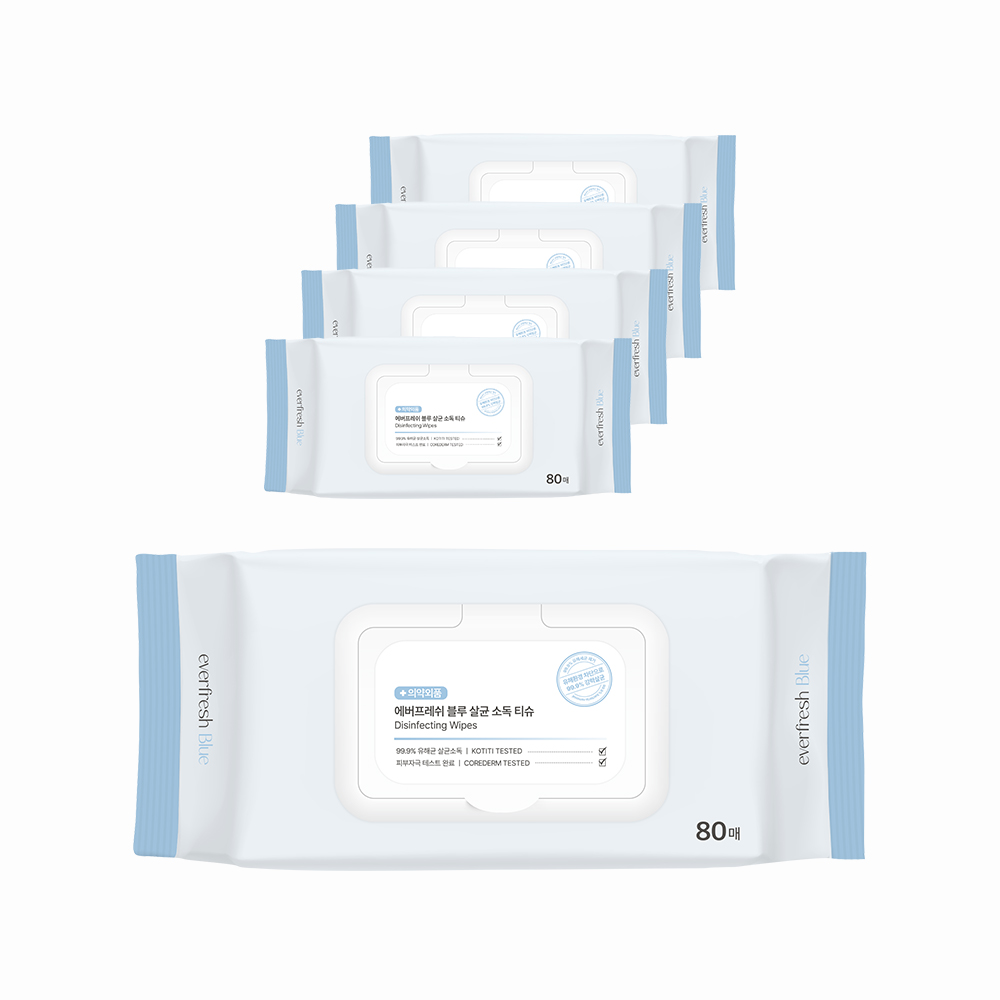 에버프레쉬 블루 살균 소독티슈 손소독 세정 항균 물티슈 80매, 5팩