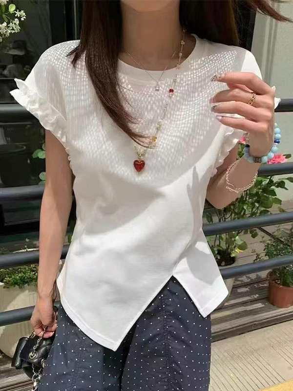 캡소매 프릴포인트 사선블라우스 뒷부분리본포인트 힙합 예쁜 디자인 데이트 봄여름 3컬러 - 상품 이미지