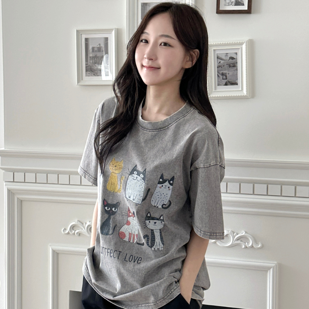 빅사이즈 피그먼트 반팔 고양이 프린팅 티셔츠 오버핏 남녀공용 FTC00018 - 상품 이미지