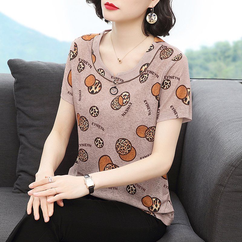 봄 여름 여성 루즈핏 빅사이즈 레오파드 프린팅 반팔 티셔츠 데일리룩 라운드넥 폴리 펜던트 상의 - 상세 이미지 4