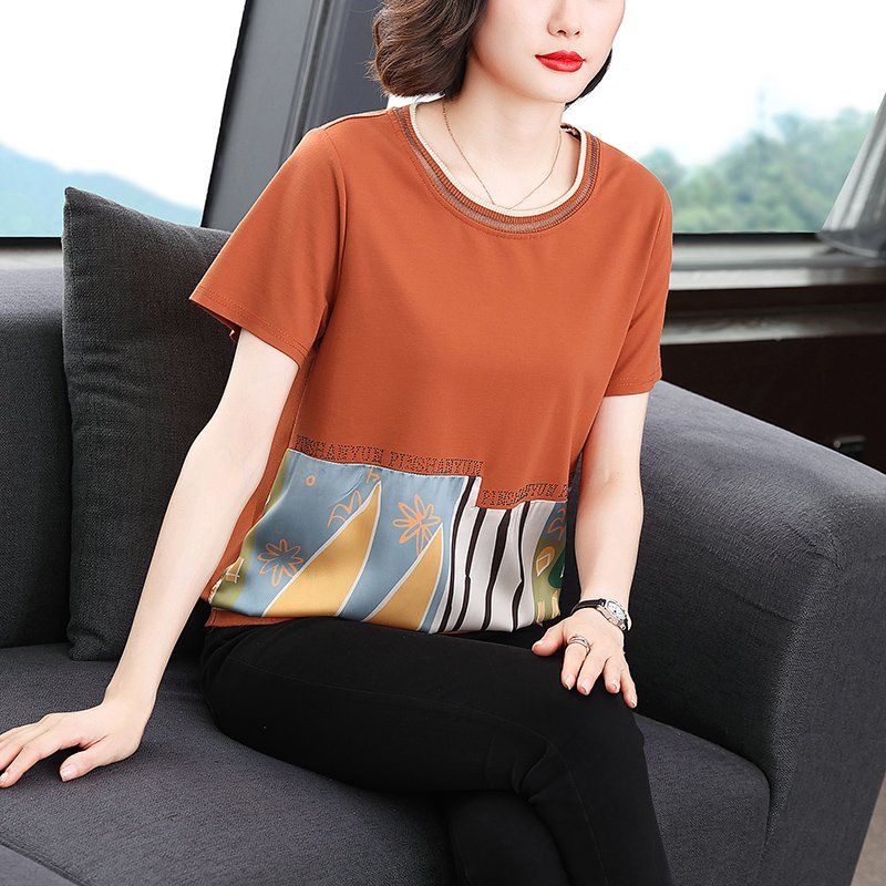 봄 여름 여성 루즈핏 빅사이즈 패턴 프린팅 반팔 티셔츠 데일리룩 라운드넥 레이온 혼방 핫픽스 상의 - 상세 이미지 2