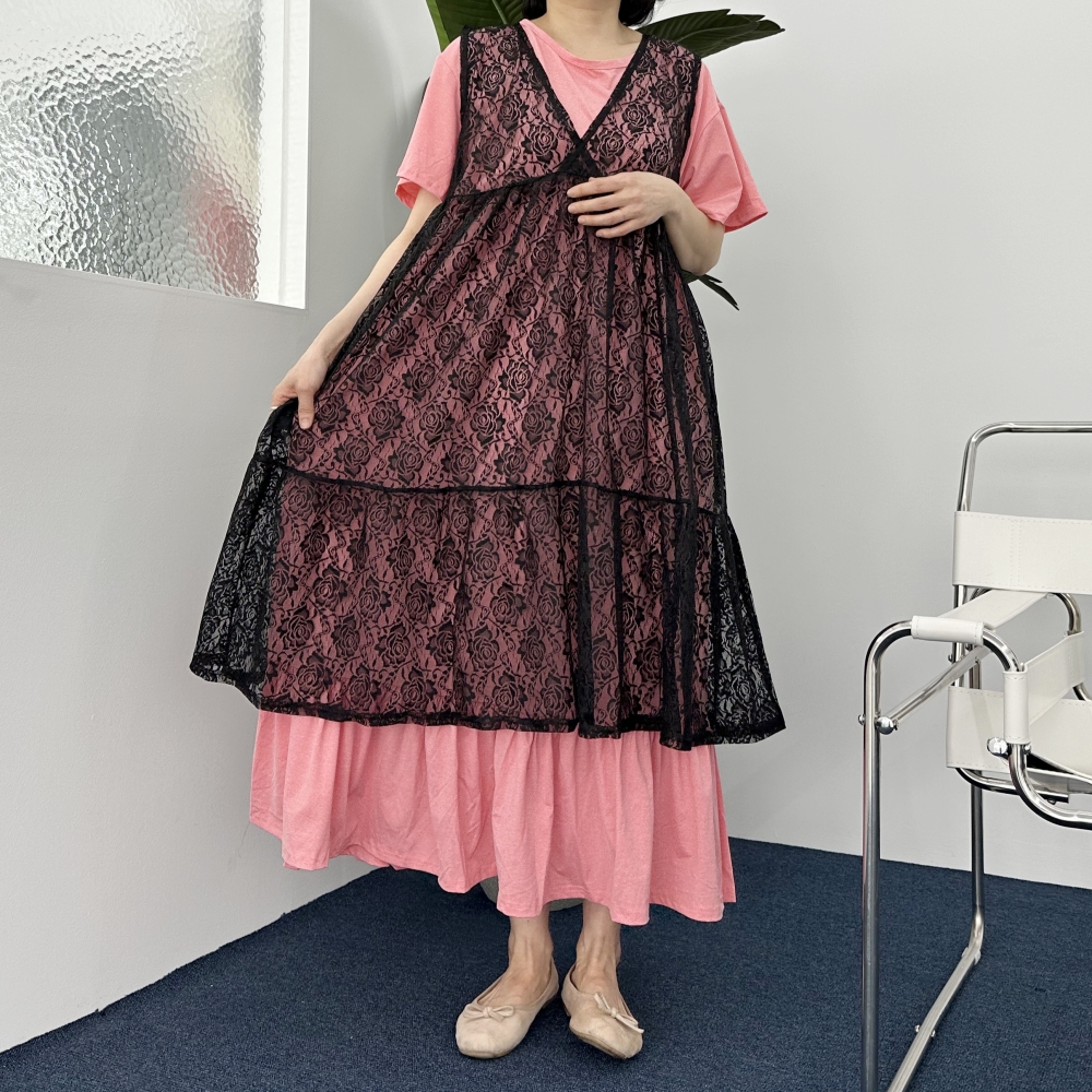 빅사이즈 여름 시원한 면 프릴 롱 원피스 소매 라운드넥 레이어드 맥시 원피스 원마일웨어