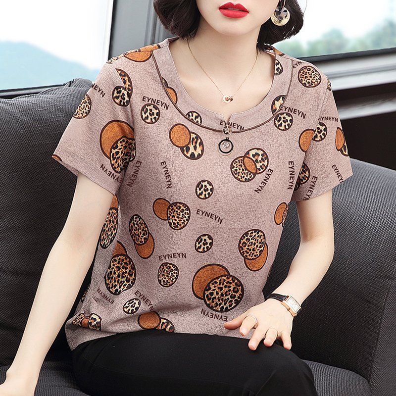 봄 여름 여성 루즈핏 빅사이즈 레오파드 프린팅 반팔 티셔츠 데일리룩 라운드넥 폴리 펜던트 상의 - 상품 이미지