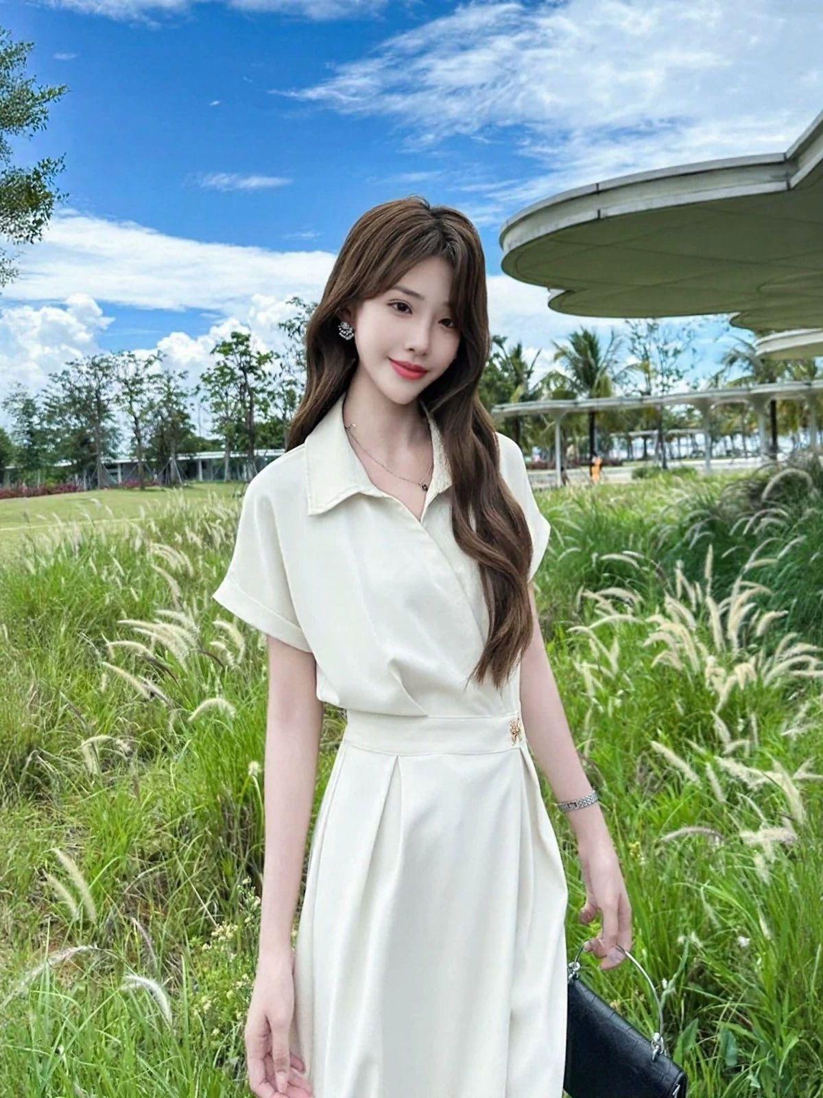 원피스 우아한 쉬폰 카라넥 여성 슬림 롱치마 스커트 V넥 셔츠 드레스 단색 - 상세 이미지 4