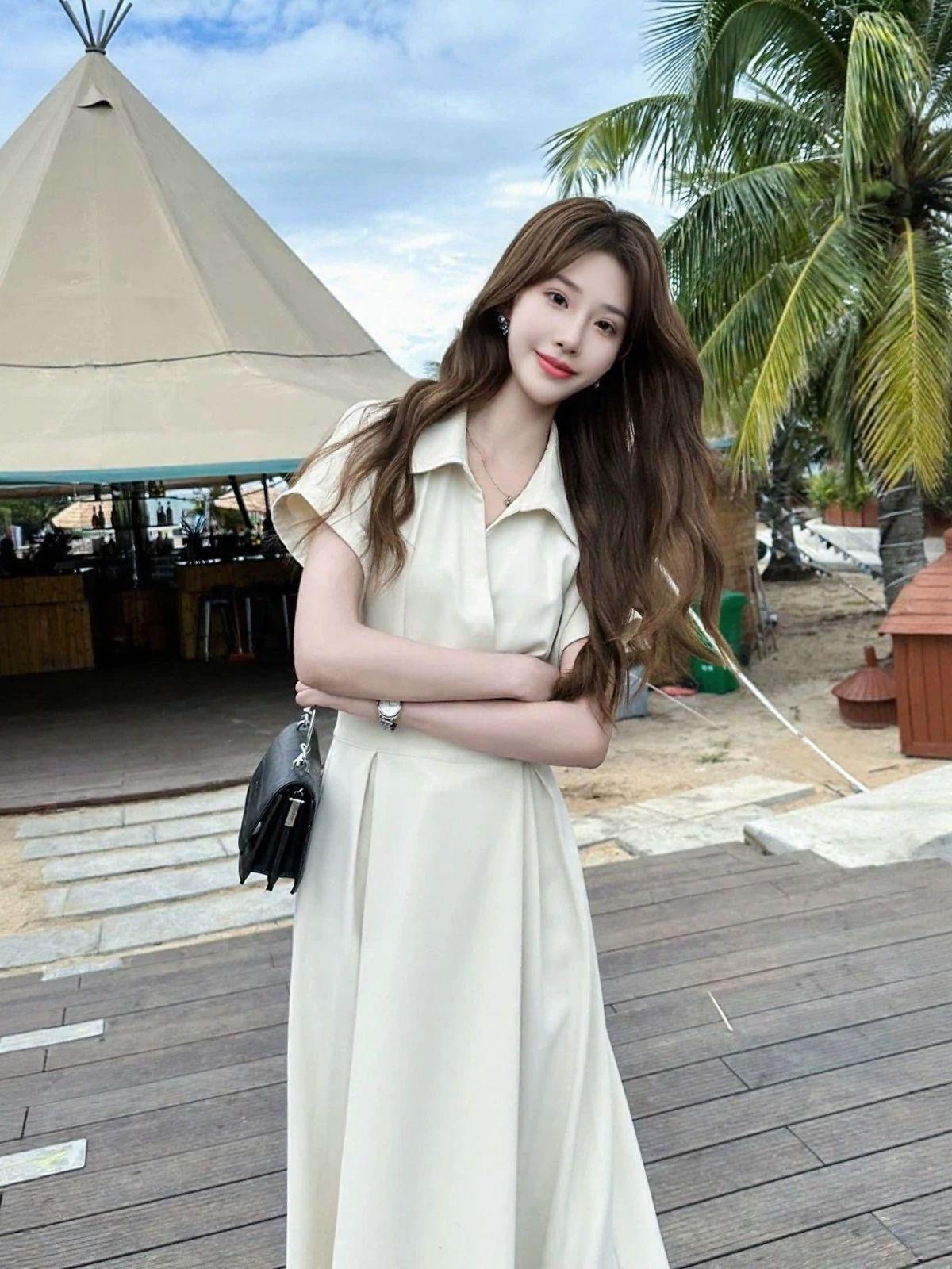 원피스 우아한 쉬폰 카라넥 여성 슬림 롱치마 스커트 V넥 셔츠 드레스 단색 - 상세 이미지 3