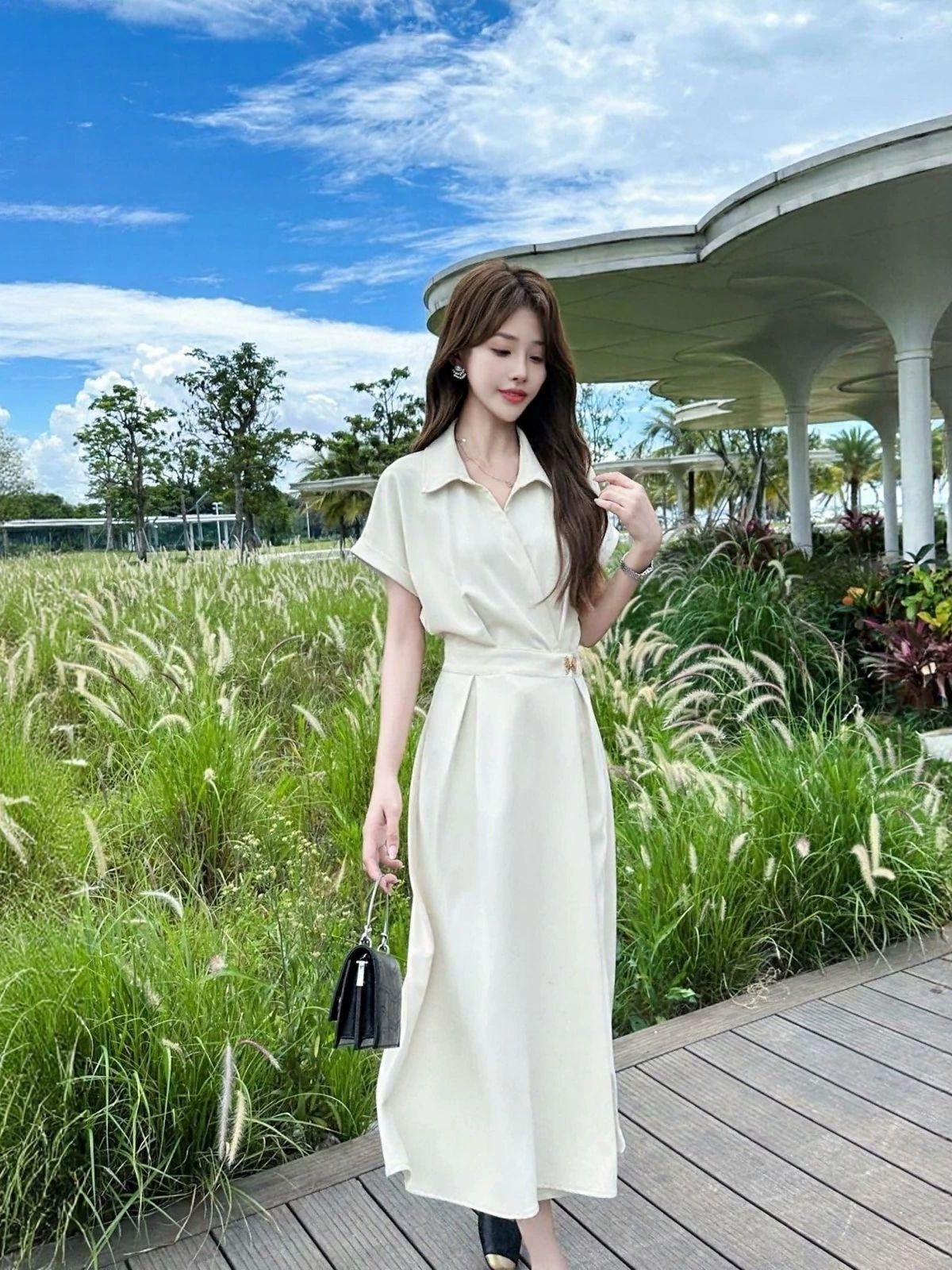 원피스 우아한 쉬폰 카라넥 여성 슬림 롱치마 스커트 V넥 셔츠 드레스 단색 - 상세 이미지 2