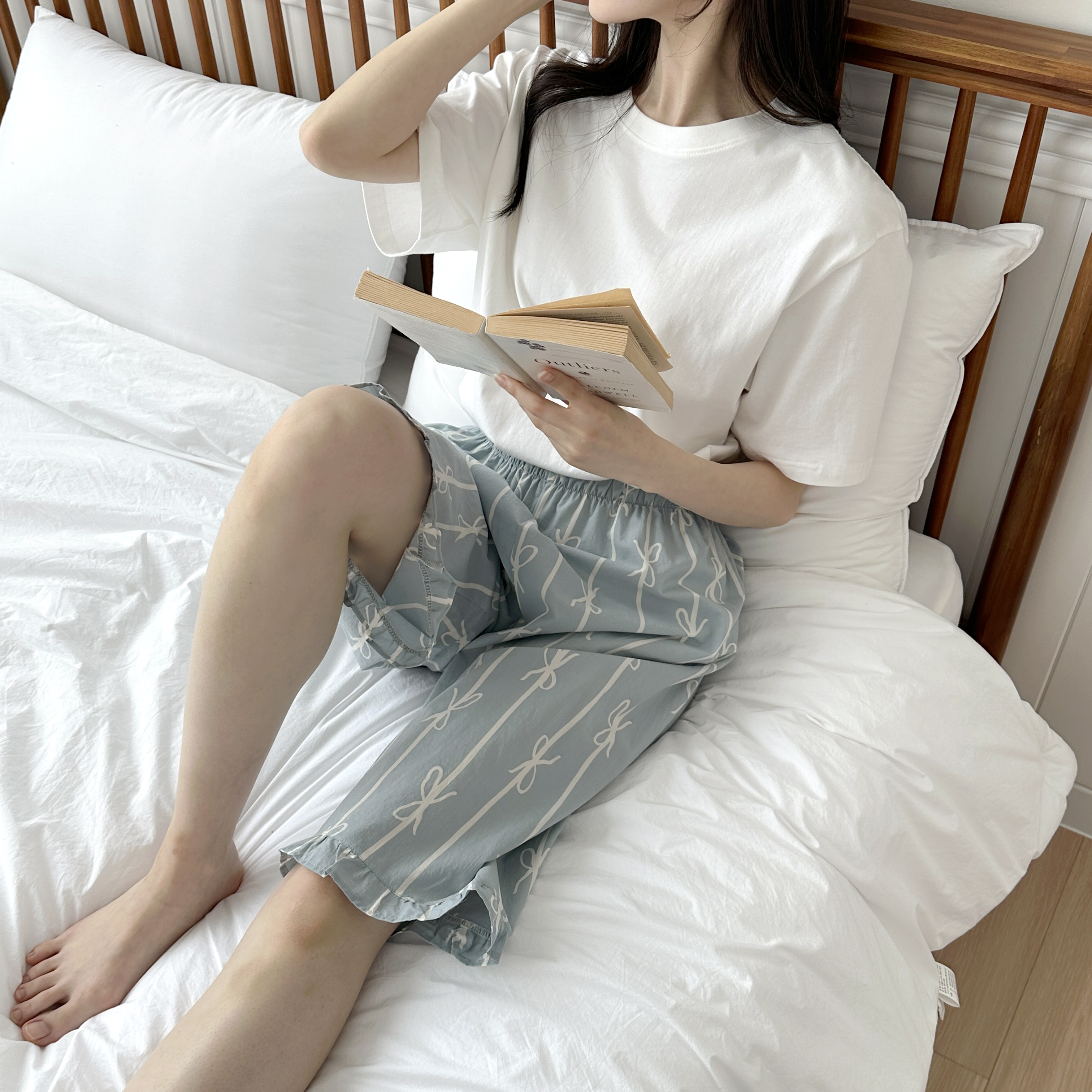 국산 면100잠옷 고밀도 60수 리본무늬 6부 파자마바지 - 상세 이미지 4