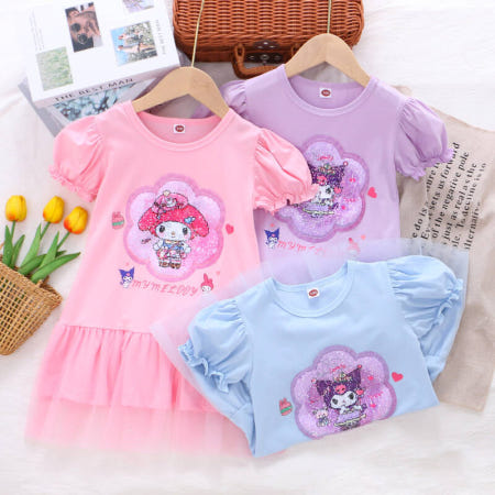 산리오 원피스 드레스es 여성 쿠로미 변경 멜로디 드레스 여름 짧은 소매 메쉬 스커트 패션 의류 집들이 파티 생일 선물 고퀄리티 ..