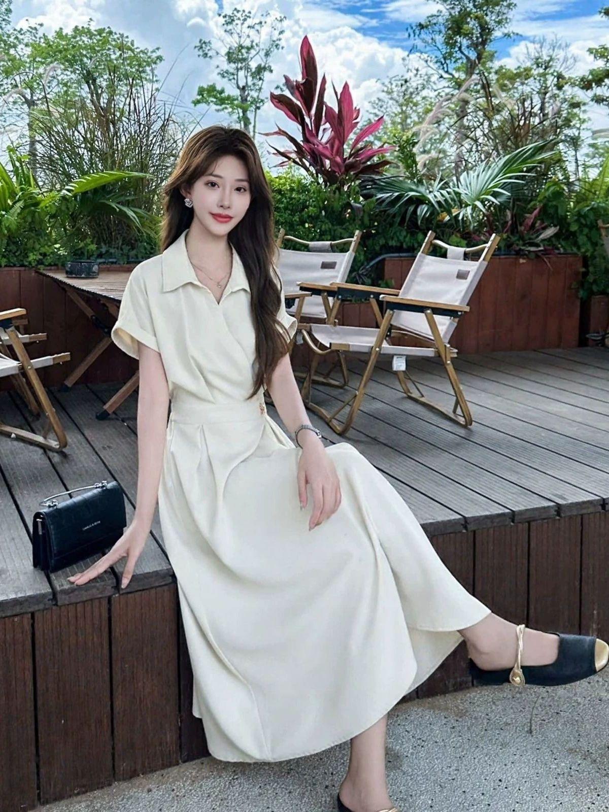 원피스 우아한 쉬폰 카라넥 여성 슬림 롱치마 스커트 V넥 셔츠 드레스 단색 - 상세 이미지 5