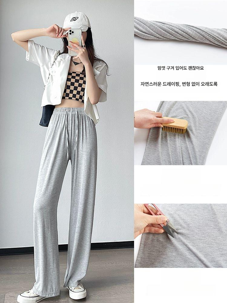 여름 쿨바지 여성 얇은 모달 소재 츄리낭 와이드 하이웨이스트 스트레이트 벤딩바지 1.블랙 A - 상세 이미지 3