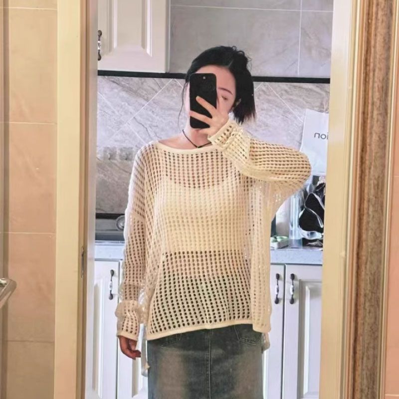 그물 망사 니트 시스루 루즈핏 티 얇은니트 펀칭 라운드 레이어드 - 상품 이미지