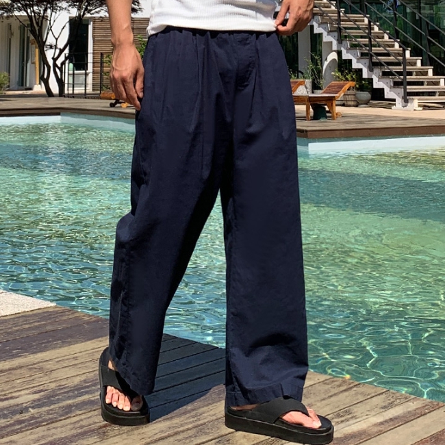 남자 에난 여름 아이스 쿨링 투턱 린넨 면 와이드 밴딩 팬츠