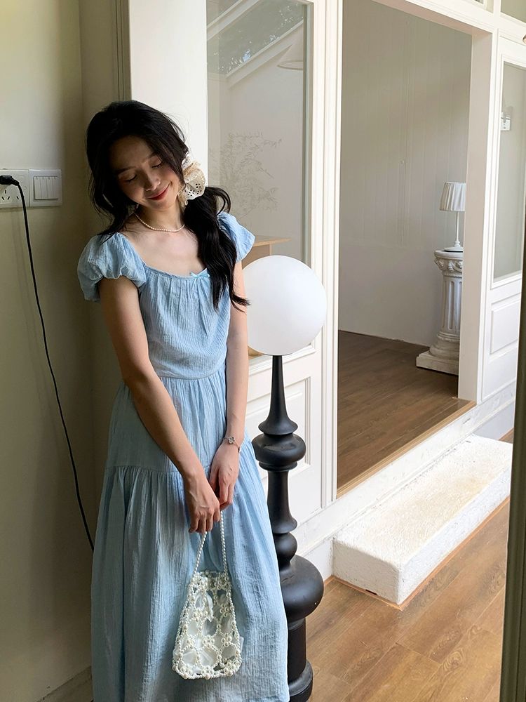 여름 루즈핏 퍼프 슬리브 드레스 여름원피스 여성 블루 캐주얼 편안한 신상 패션 인기 - 상세 이미지 3