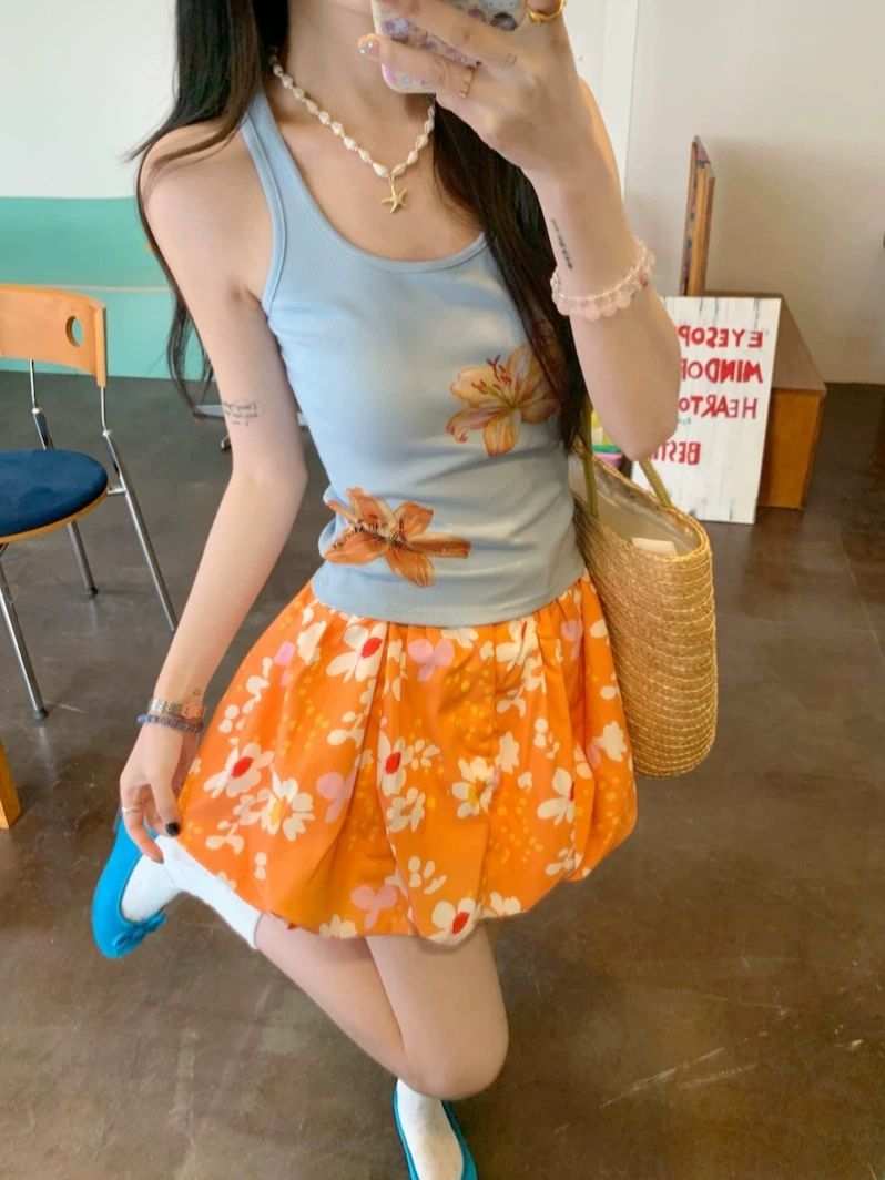 꽃무늬 스커트 오렌지 투피스 코디세트 플라워 프린트 플레어 캉캉 주름 - 상세 이미지 5