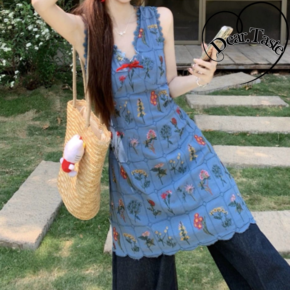 꽃 자수 레이스 여름 여성 미니 롱 유니크 하객룩 체크 패치워크 드레스 민소매 - 상품 이미지