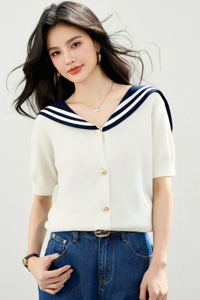 봄 여름 여성 슬림핏 세일러 카라 반팔 니트 가디건 데일리룩 브이넥 트리아세테이트 배색 버튼 상의 - 상세 이미지 2
