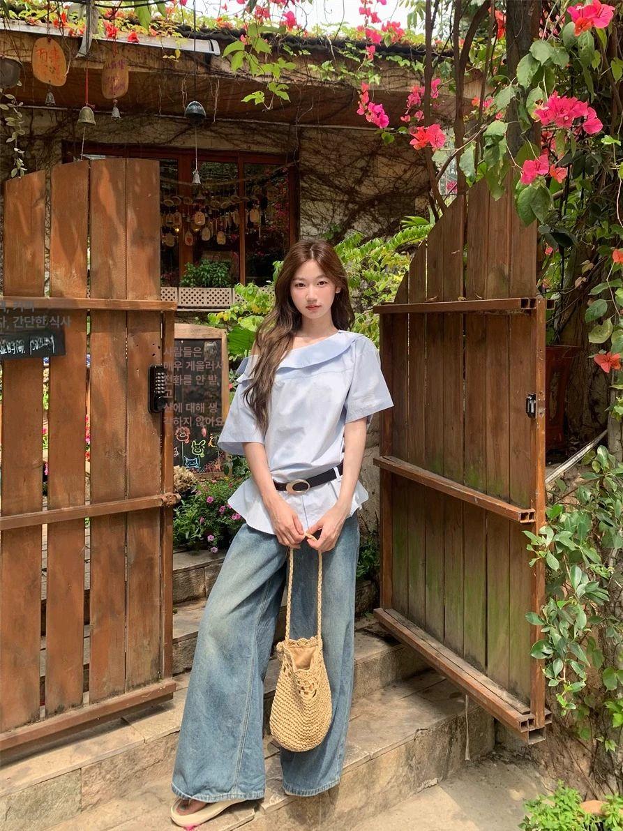 블루 오프숄더 반팔 반팔셔츠 블루셔츠 여성셔츠 여름패션 캐주얼블라우스 - 상세 이미지 4