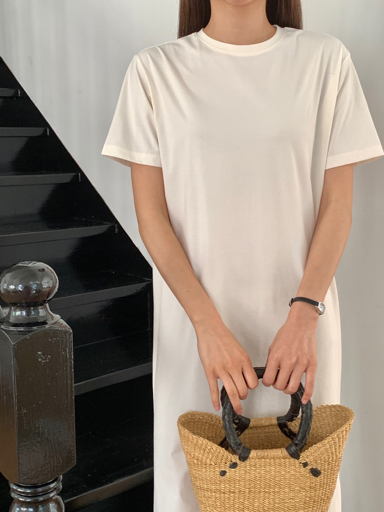 베이직 스판 뒷트임 맥시 반팔 롱 원피스 여성 여름 원피스 H라인 데일리룩 베이지 핑크