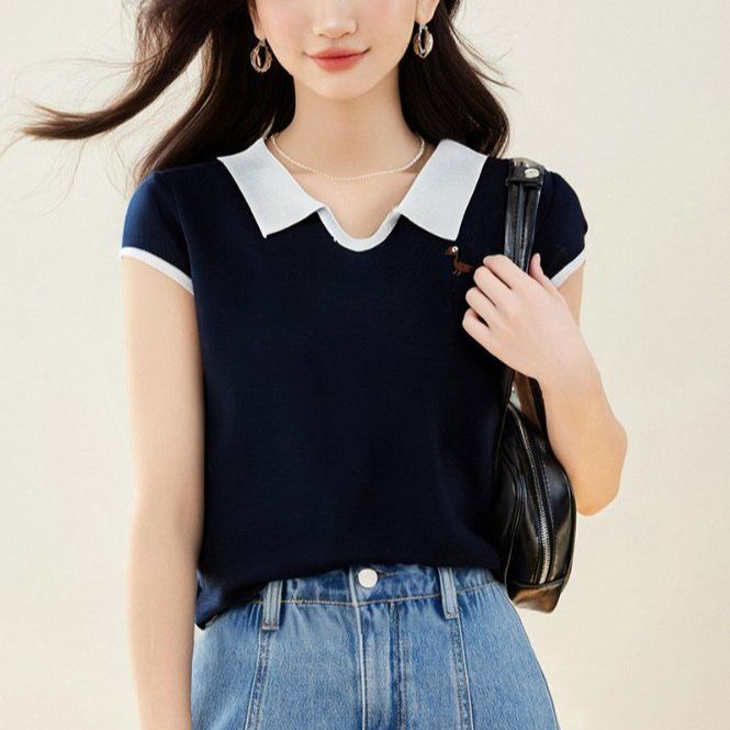 여성 슬림핏 봄 여름 캐릭터 자수 반팔 니트 폴로 카라 데일리룩 브이넥 트리아세테이트 배색 상의