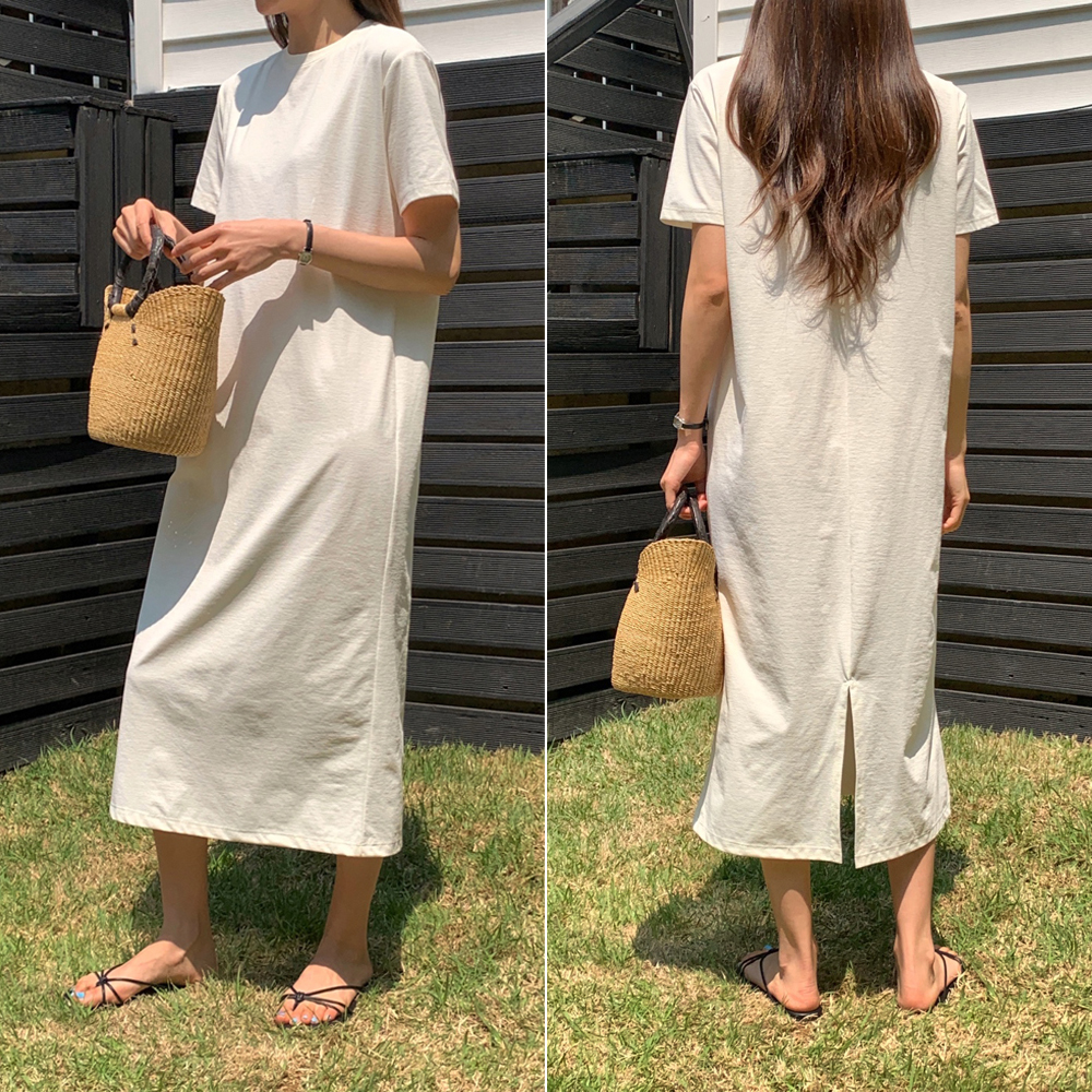 베이직 스판 뒷트임 맥시 반팔 롱 원피스 여성 여름 원피스 H라인 데일리룩 베이지 핑크