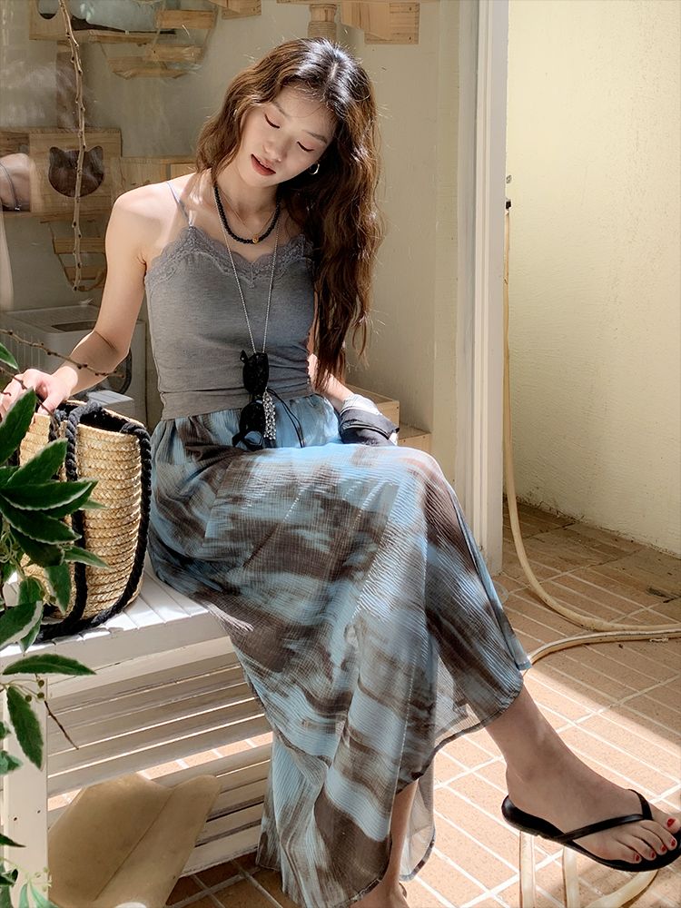 민트 타이다이 맥시 롱스커트 여름 플레어스커트 여성 빈티지 캐주얼 트렌디 스타일리시 - 상세 이미지 5