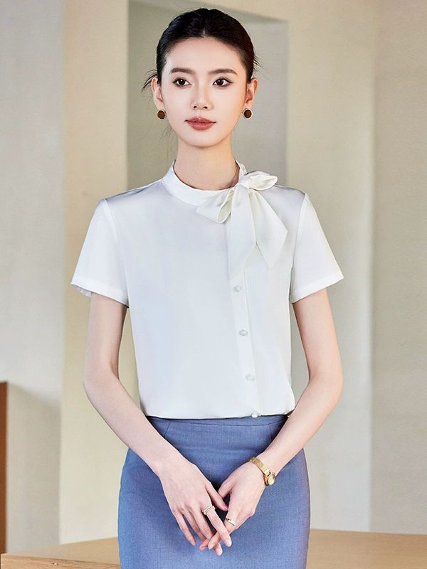 여성 여름 반팔 고급 화이트 셔츠 유니폼 리본 - 상세 이미지 3
