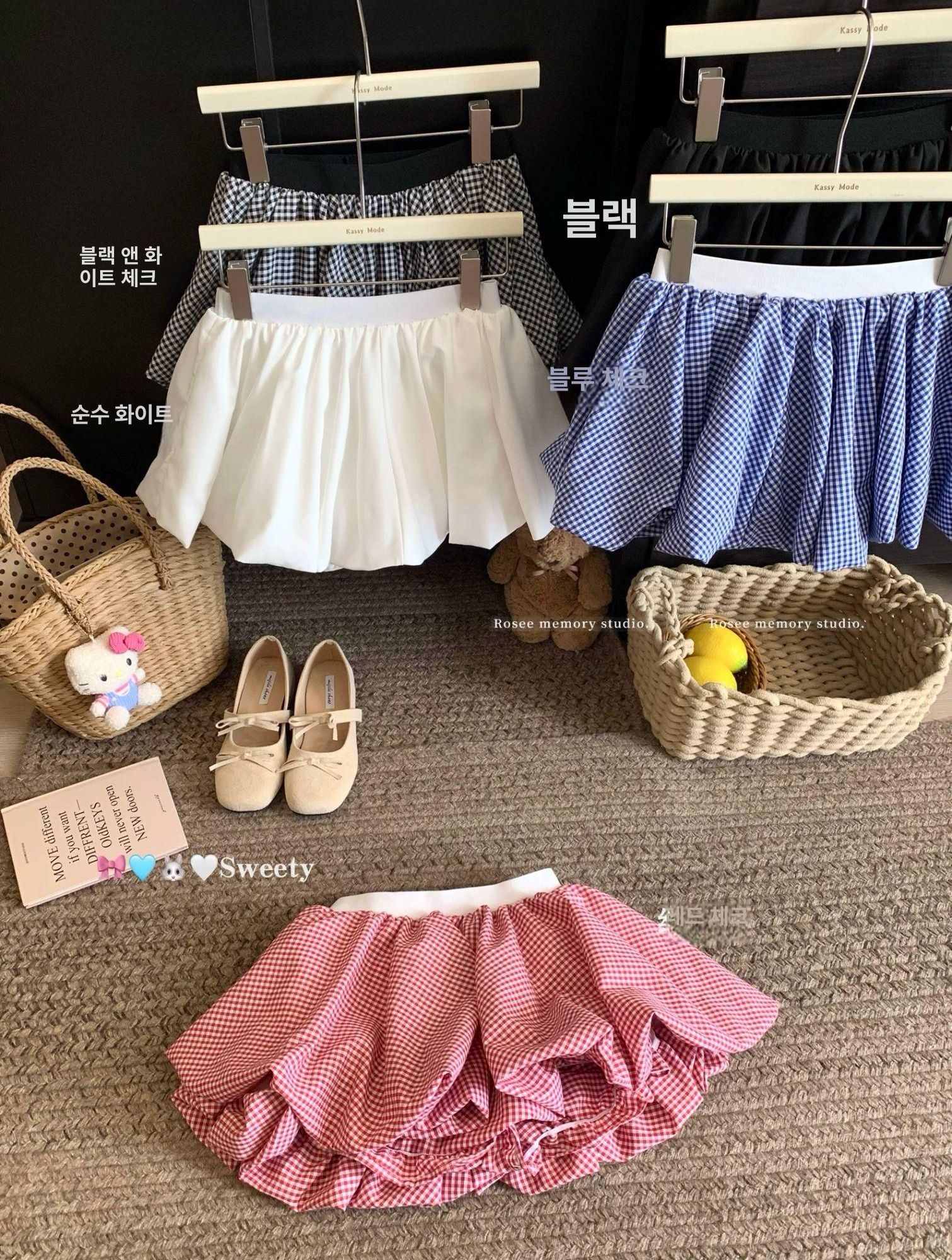 여성 여름 하이웨이스트 체크 치마 미니 스커트 플레어 주름 A라인 벌룬 - 상세 이미지 3