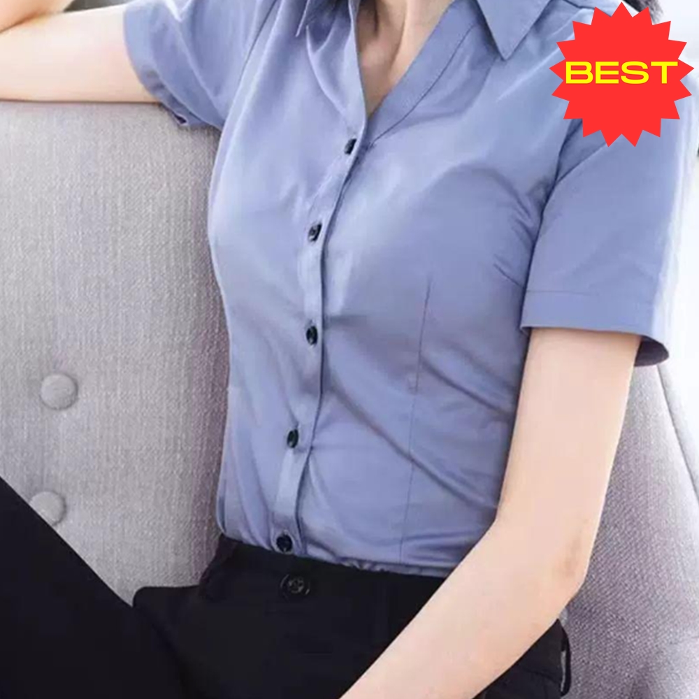 여성 여름 반팔 V넥 셔츠 유니폼 슬림핏 출근 상의 - 상품 이미지